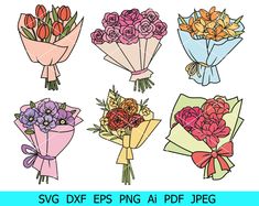 six bouquets of flowers with ribbons and bows in different colors on a white background