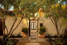 an entrance to a house with trees and plants in pots on the side of it