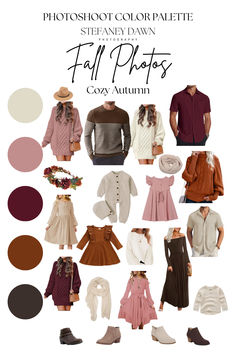 Warm and inviting fall color palette with pink, brown, orange, and red accents. Mauve Family Photo Outfits Fall, Coordinating Fall Outfits For Pictures, Family Outfit Color Schemes, Family Photos Dusty Rose, Burgundy Fall Family Pictures, Fall Outfit Ideas Photoshoot, October Photoshoot Ideas Family, Fall Family Pictures Outfits Burgundy, Family Photo Outfits Burgundy