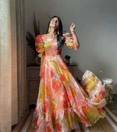 Organza Frocks For Women, Gown Traditional, Organza Frocks, Gown Anarkali, Traditional Gown, Indian Gown, Peach Gown, Gown Indian