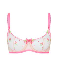 Meet Willowe, your new favourite floral thrill.. . An enticing liaison between cute embroidery and bold neon shades, Willowe sparks desires that bloom in the boudoir. Pink bra Featherlight sheer sand tulle base Darted cups Neon floral embroidery Scalloped edging Real gold plating on hardware Be the whole bouquet and wear with the rest of Willowe's range Pastel Bra, Pink Suspenders, Bridal Nightwear, Pretty Bras, Floral Bra, Cute Bras, Stocking Tights, Cute Embroidery, Simple Bags