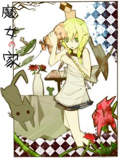 an anime character is drinking from a glass in front of some flowers and other things