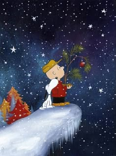 a charlie brown christmas card with trees and stars in the night sky as well as a person holding a candy cane