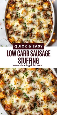 an image of low carb sausage stuffing in a casserole dish with text overlay