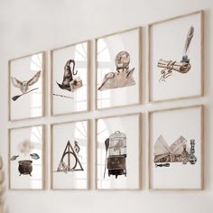 a set of six framed pictures with harry potter symbols hanging on the wall in front of a window