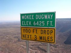 two green and yellow street signs sitting on top of a tall metal pole in the desert