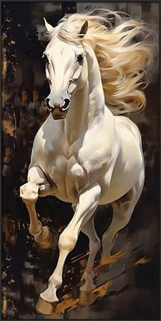 a painting of a white horse running in the wind