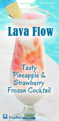 the cover of lava flow tasty pineapple and strawberry frozen cocktail, with an umbrella