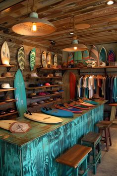 a surfboard shop with lots of surfboards on display