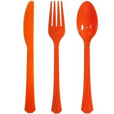 an orange plastic utensil set with two forks and one spoon, on a white background