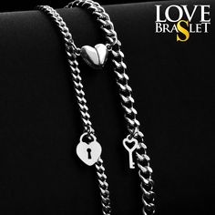 Couple Bracelets with Charms in the form of Key and Lock and Magnets in the form of a HEART! ✦ D E T A I L S  * Chain - stainless steel; * Charms - stainless steel; * Magnet HEART(option) - stainless steel; * Size is adjustable. Bracelets are fade resistant and waterproof!  S I Z E S ∙ O F ∙ B R A C E L E T S Woman: length - 16 cm (6.3 inch) of the main chain and plus 5 cm (1.97 inch) of adjustment, width - 3.7 mm (0.15 inch); Men's: length - 18 cm (7.09 inch) of the main chain and plus 5 cm (1.97 inch) of adjustment, width - 6 mm (0.24 inch);  You can also measure the size of a girl's and a boy's wrist, write to us in a message, and we in turn will make bracelets individually for you)  G I F T ∙ P A C K A G I N G You can also buy our signature gift box for $5 to make a surprise (gift) for Bracelet Couple, Bracelets Set, Gift For Couples, Key Lock, Couple Bracelets, Matching Bracelets, Surprise Gifts, Chain Link Bracelet, Long Distance