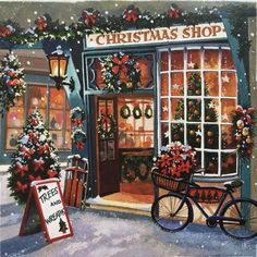 a painting of a christmas shop with a bicycle parked outside the front window and decorated for the holiday season