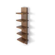 a wooden shelf with three shelves on each side, and one is open to show the contents