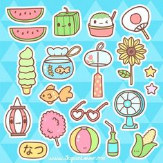 a bunch of stickers that are on a blue and white background with some watermelon