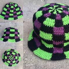 Make a bold statement with this handmade crochet bucket hat! Inspired by the rap group Insane Clown Posse, this hat features a unique black, green, and purple color combination, perfect for adding a touch of edginess to any outfit. Crafted with love and care, this hat is crocheted by hand using soft and high-quality yarn for a comfortable fit. The bucket hat design offers a unique and trendy look, while the black, green, and purple color scheme adds a touch of mystery and intrigue. This hat is n Black Crochet Hat, Purple Bucket Hat, Purple Color Combinations, Plaid Bucket Hat, Clown Posse, Purple Crochet, Insane Clown Posse, Bucket Hat Design, Insane Clown