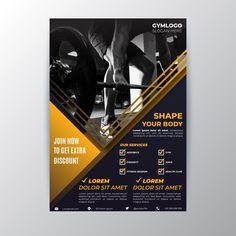 a gym flyer is shown with an image of a man doing exercises on a barbell