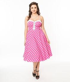 Unique Vintage 1950s Hot Pink & White Polka Dot Cotton Swing Dress - Unique Vintage - Womens, DRESSES, SWING 1950 Polka Dot Dress, 1950s Style Sleeveless Polka Dot Dress, Summer Pinup Polka Dot Dress, Polka Dot Rockabilly Dress For Retro-themed Events, 1950s Style A-line Polka Dot Dress, Fabric Set, Pin Up Dresses, Fashion Aesthetics