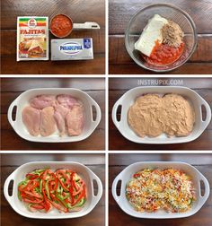 six pictures showing different types of food in pans on a wooden table with instructions for how to make them