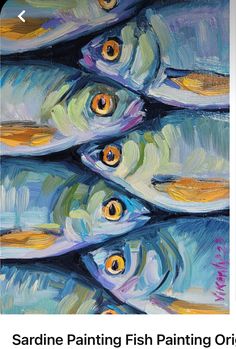 a painting of blue fish with yellow eyes in the middle and bottom part of it