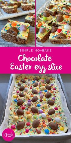 an easy no bake chocolate easter egg slice recipe is ready to be eaten and served