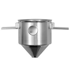 a stainless steel pot with two handles on the top and bottom, sitting against a white background