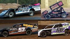 four different race cars racing on dirt and mud tracks, one with the number twenty seven