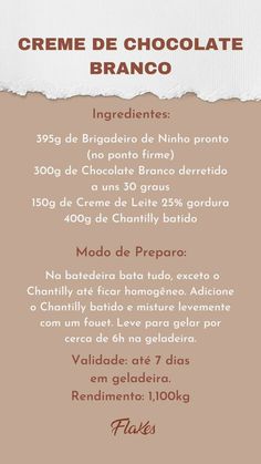 the menu for cremee de chocolate branco