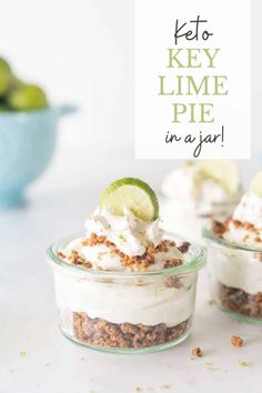 key lime pie in a jar on a table with the title text overlay reads keto key lime pie in a jar