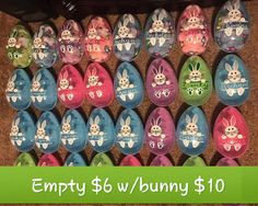 an assortment of easter eggs with bunny faces painted on them for $ 10 00 each