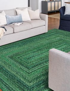 a living room filled with furniture and a green rug