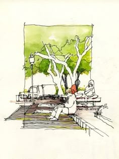 a drawing of people sitting at a table under a tree