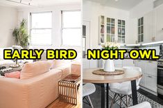 there are two pictures with the words early bird night owl on them and an image of a living room