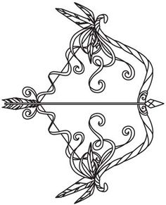 a drawing of an arrow with swirls and leaves in the middle, on a white background