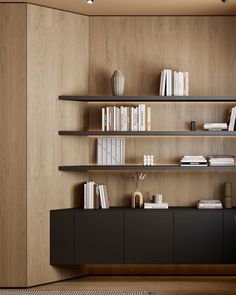 a living room with bookshelves and shelves on the wall