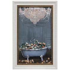 an old fashioned bathtub with flowers and chandelier