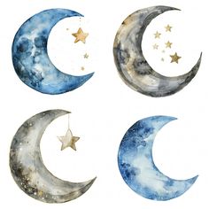 three crescents and stars painted in watercolor on white paper, each with different colors