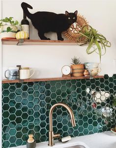 a black cat standing on top of a shelf above a sink in a kitchen with green tiles