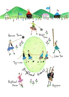 an illustrated drawing of people in scottish dress dancing around a green globe with the words highland dance written on it