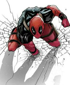 a deadpool character breaking through a cracked glass wall