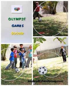 four pictures of children playing soccer in the grass with olympic games written on it and an olympics sign behind them