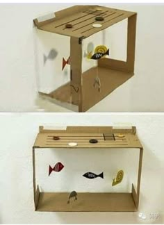 two different views of a fish tank made out of cardboard