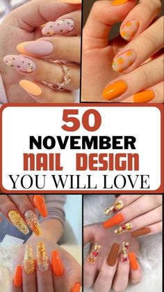 Orange Nail Ideas, November Nail Designs, Popular Nail Colors, Orange Nail Designs, Orange Nail, Fun Nail Colors