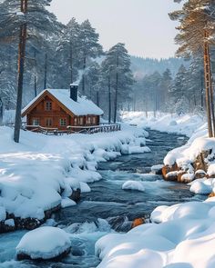 a small cabin sits on the shore of a stream in front of snow covered trees