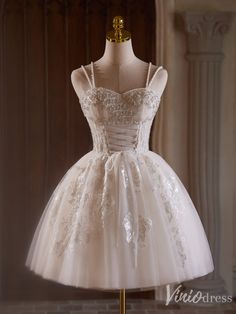 Ivory Beaded Lace Applique Homecoming Dresses Spaghetti Strap Lace Up – Viniodress Dress With Beads, Winter Wedding Venues, Dama Dresses, White Homecoming Dresses, Tulle Sleeves, Lace Homecoming Dresses, Short Prom Dress, White Tulle, Short Prom