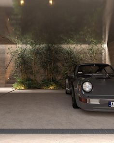 an image of a car parked in a garage with plants growing on the wall behind it