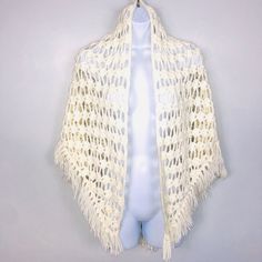 Vintage Womens White Handmade Open Hole Knit  Fringed Shawl Wrap Size: One Size Measures: 31” wide x 69” long fringe is 2.5” Color: White Handmade  About Me: I am glad you found my store! I have been selling on eBay since 1998! I love offering new and different items to peek your interest. Check back often to see my fabulous finds! Sign up for my newsletter to be the first to know what is happening! Thanks for shopping with Creations Unlimited!! Fringe Shawl, What Is Happening, Long Fringe, Long Fringes, Union Made, Grey Sneakers, Black Fringe, Zippered Tote, Shawl Wrap