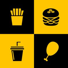 four different types of food and drinks on black and yellow squares, each with an image of a hamburger