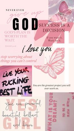 a collage of pink and white images with the words god, i love you