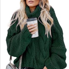 Oversized Green Chunky Cable Knit Turtleneck Sweater Arrives New And Unworn Perfect Fall Or Winter Essential Boho And Chic No Trades Emerald Green Sweater, Chunky Turtleneck Sweater, Long Sleeve Sweaters, Chunky Cable Knit Sweater, Oversize Pullover, Cable Knit Turtleneck Sweater, Women Sweaters Winter, Basic Sweaters, Fitted Turtleneck