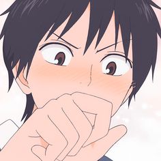 an anime character with black hair and brown eyes is looking up at the camera while holding his hand to his mouth